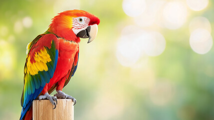 Obraz premium Scarlet Macaw Parrot Perched Peacefully on Post Against Blurred Greenery