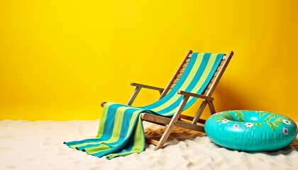 Beach chair with striped cover and towel, turquoise inflatable ring with palm trees and floral prints lies on sandy ground, composition on bright yellow background. Summer vacation concept