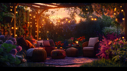 Serene Evening in a Magical Garden Romantic Outdoor Patio Setting with String Lights