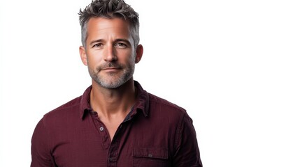 Confident Middle-Aged Man with Stylish Hair and Casual Attire Against a White Background