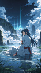 Fototapeta premium Stunning Anime Digital Drawing of a Gorgeous Woman in a Serene Nature Landscape with Forest Cliff Waterfall and River Anime Style Wallpaper Background Poster