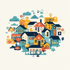 Purchasing house dream society, community setting with houses and financial icons, flat design illustration