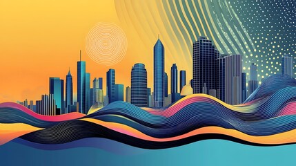 Vibrant Cityscape Illustration: Sunset Hues and Abstract Waves AI Generated