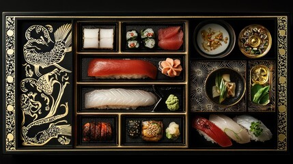 Exquisite Japanese sushi assortment in an ornate black lacquer bento box.
