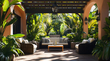 Serene Outdoor Patio Oasis with Lush Tropical Greenery and Comfortable Seating