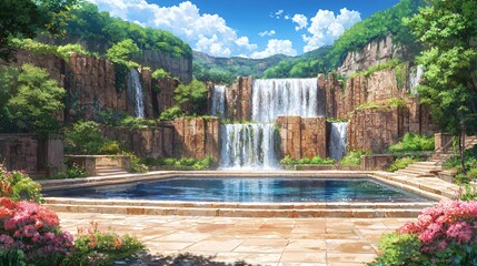 Serene Waterfall Landscape With Pool