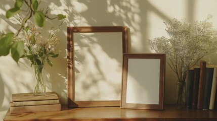 A close-up shot of two thin wooden picture frames sitting on top of an empty brown table