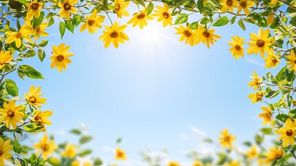 Obraz premium Bright Yellow Flowers Frame Against Sunny Blue Sky