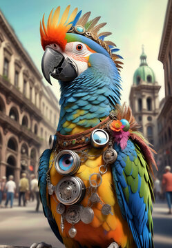 Antropomorfismo, cotorro, guacamaya, retrato, arte, hombre cotorro elegante, fantasia

