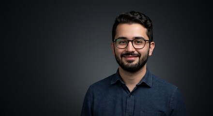 Obraz premium Smiling Man Wearing Glasses Portrait Against Dark Background Perfect for Professional Profile
