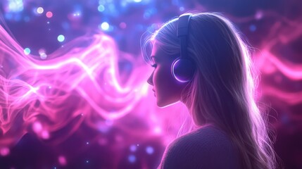 Blonde woman listening to music surrounded by abstract background and colorful wavy smoke. Music party promotional video. Colorful dynamic sound waves and abstract digital light effects 