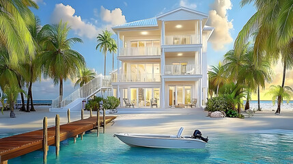 Fototapeta premium Illustration Tropical Beach House, Ocean, Palm Trees, Boat, Dock, Luxury, Vacation, Paradise, Sunset