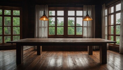 Fototapeta premium Empty wooden table and window room interior