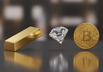 Gold Bar Diamond and Bitcoin Coin Representing Diverse Investment Options