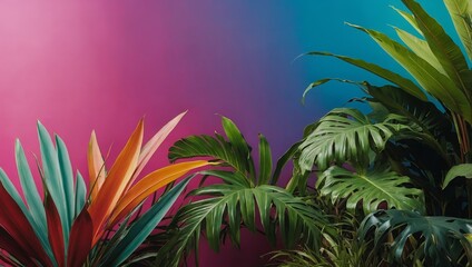 Exotic plants in bold rainbow colors. Tropical layout mockup