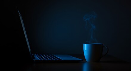 Working at Night Laptop and Steaming Coffee Cup Dark Background