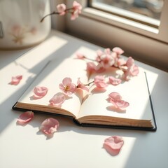 빈 노트위에 놓여진 벚꽃