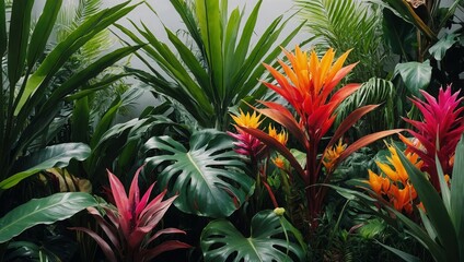 Exotic plants in bold rainbow colors. Tropical layout mockup