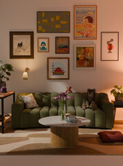 Vibrant, maximalist eclectic living room with warm mood lighting and natural sunlight coming in. Artistic decorations, plants, greenery and unique wall art, with a vase of lilies decorate the area. © Jun