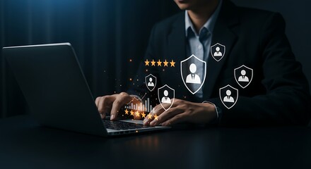 Man Typing on Laptop with Customer Review and Protection Symbols