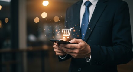 Online Shopping Using Mobile Phone by Businessman with Cart Icon