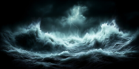 Fototapeta premium Dark stormy ocean with massive crashing waves and lightning in the night sky, dramatic sea storm