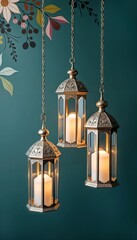 Obraz premium Three decorative Arabic lanterns with burning candle hanging and flowers on dark green background. Islamic festive banner. Ramadan Kareem, Raya Hari. Eid Mubarak. Holiday greeting card