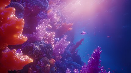 Vibrant Underwater Coral Reef Scene with Glowing Pink and Orange Corals