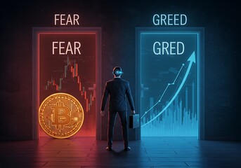 Man Stands Between Choices of Fear or Greed in Cryptocurrency Market