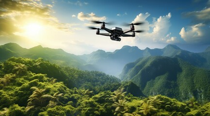 Fototapeta premium A drone soaring above lush green mountains during a vibrant sunset, capturing breathtaking scenery
