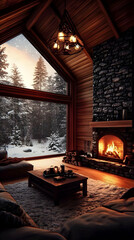 Fototapeta premium Illustration Cozy Cabin Winter Scene Fireplace Warmth Snowfall Trees Sunset