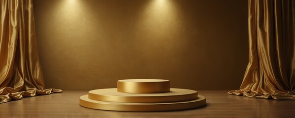 Golden luxurious fabric or cloth placed on top pedestal or blank podium shelf on gold background