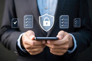 Businessman holding a tablet displaying a lock and task management icons, ensuring secure data transactions and privacy in modern business environments.