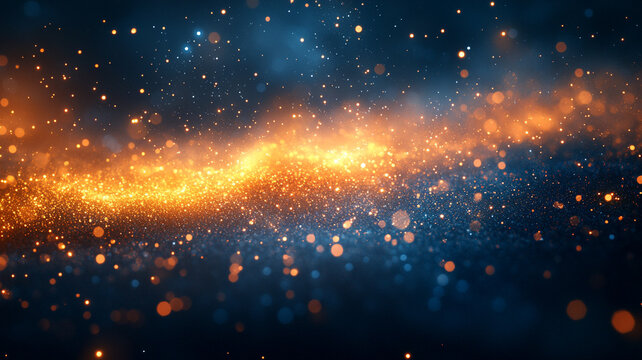 A Celestial River Of Shimmering Gold And Blue Sparks Dances Across A Dark Canvas, Evoking A Sense Of Wonder And Cosmic Magic With Deep Blues And Warm Golden Tones