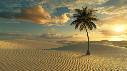 Vast Desert Landscape with Golden Sand Dunes and a Lone Palm Tree: A Stunning Scene Under a Dramatic Sunset Sky, Capturing the Serenity, Beauty, and Solitude of the Endless Sands