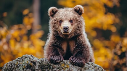 Fototapeta premium Adorable brown bear cub sitting on a rock in an autumn forest, looking directly at the camera.
