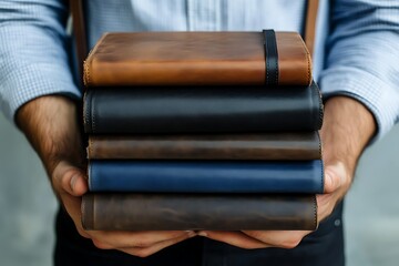 Stacked Leather Books in Hands - Business Accessories
