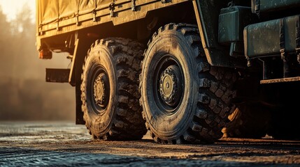 Close-up of muddy military truck tires.