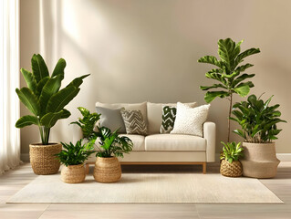 3D Illustration Cozy Living Room Interior Design Sofa Plants Rug