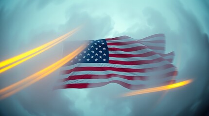 American Flag Waving with Golden Light Streaks Against Dramatic Cloudy Sky