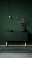 3D Illustration Green Interior Design Room, Cabinet, Vase, Rug, Lamp