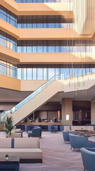 Obraz premium Illustration Modern Hotel Lobby Interior Design, Escalator, Lounge
