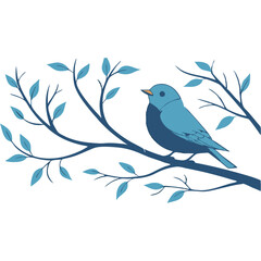 A blue bird is standing next to a tree with a blue bird. Flat illustration of cute pleasant bird friendly character white background Art & Illustration