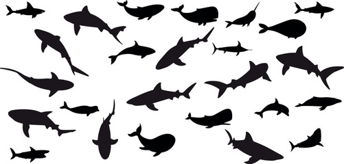 shark silhouette set, on white background vector