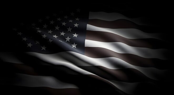 A black and white American flag waving on a black background