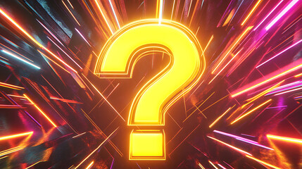 Illuminated Yellow Question Mark Against a Dynamic Abstract Light Streaks Background