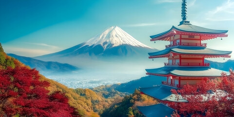 Illustration - Serene Pagoda Autumn Mountain Fuji Scenery