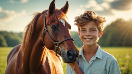 Fototapeta premium Horse and teen boy - best friends