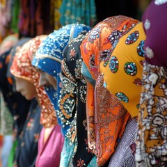 Naklejka premium Colorful Beaded Headscarves at Market Display