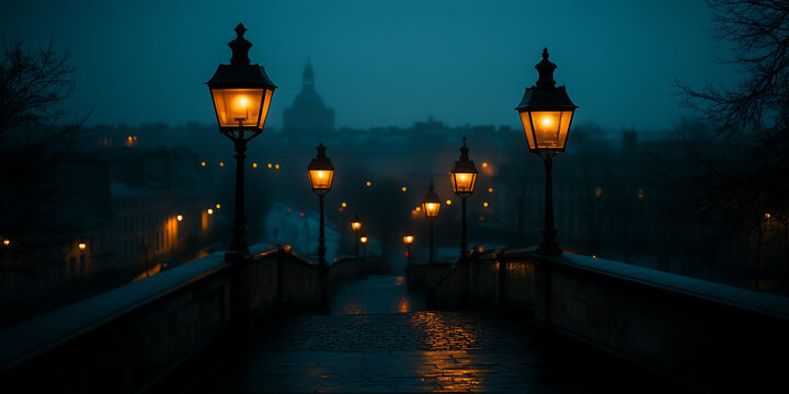Mysterious European street at night with glowing lanterns and wet cobblestone stairs, atmospheric cityscape - Powered by Adobe